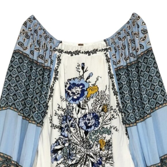 Free People Positano Blouse Ivory Multi Patchwork Balloon Sleeve XS - Picture 3 of 10